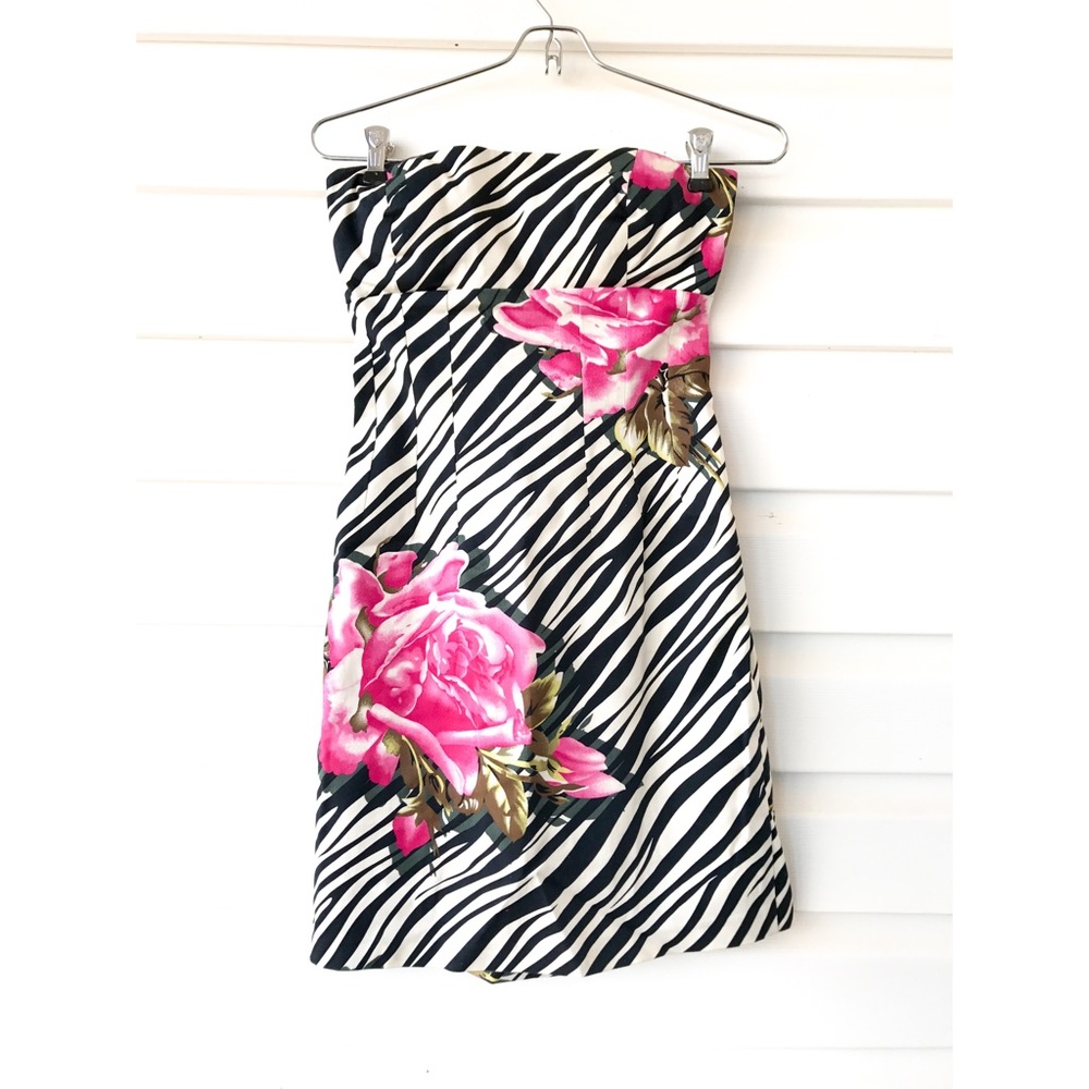 BETSEY JOHNSON Strapless Corset Zebra Floral Dress